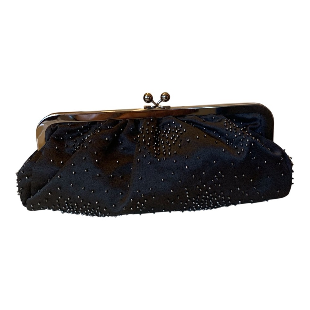 Vintage Express Black‎ Satin Beaded Snap Ball Closure Clutch Purse
